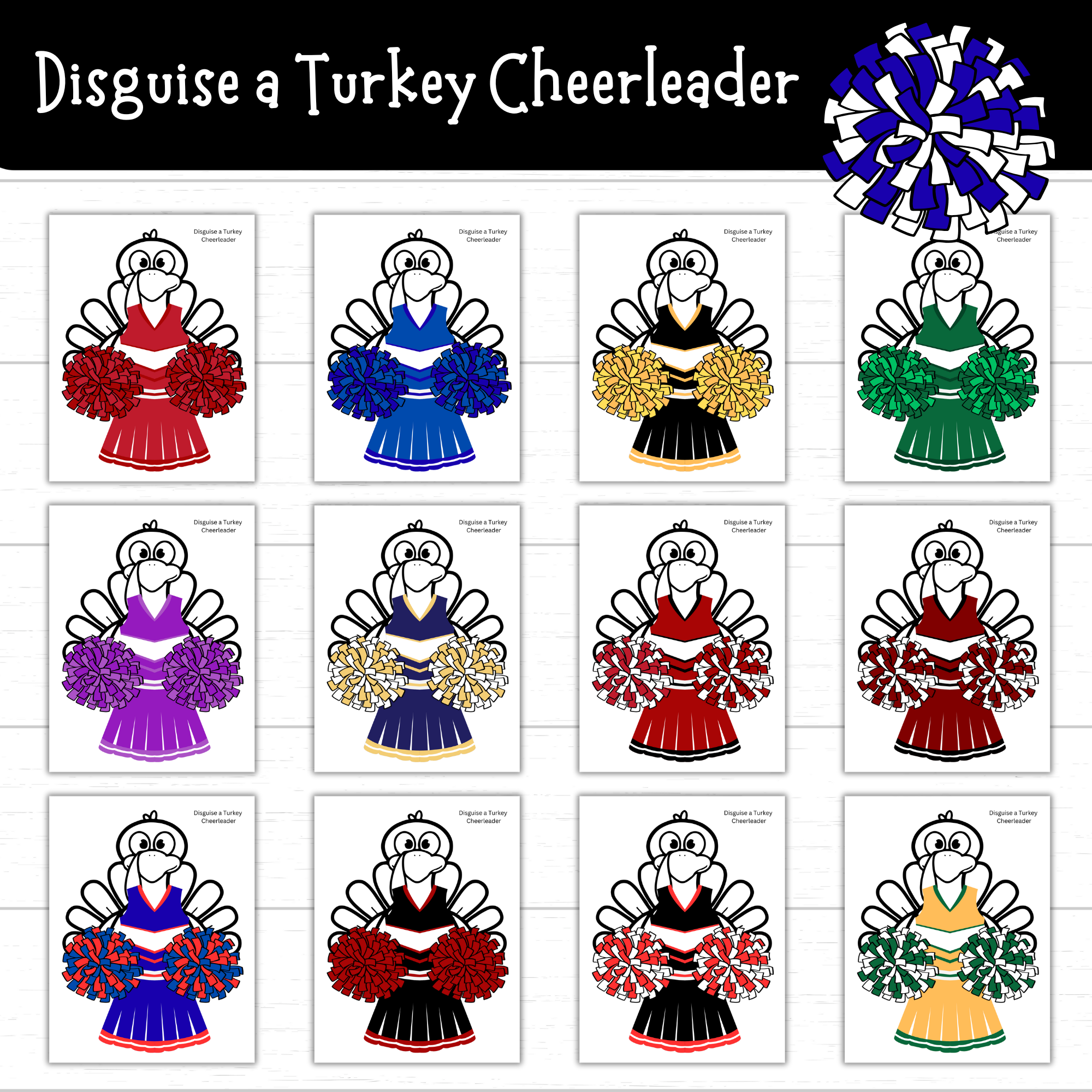 printable disguise a turkey cheerleader (6 sets) - mom. wife. busy